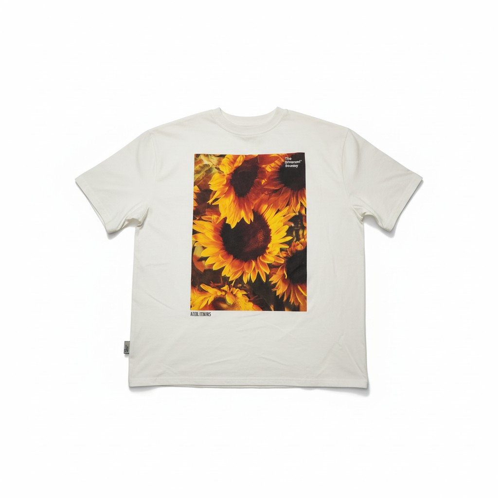 White t-shirt with yellow sunflower graphic on the back, placed on a white background