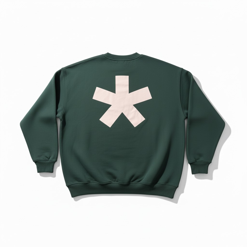 Green sweatshirt with a white asterisk logo design on the back, laid against a white background