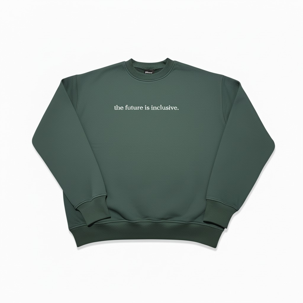 Green crewneck sweatshirt with 'the future is inclusive.' text on a white background