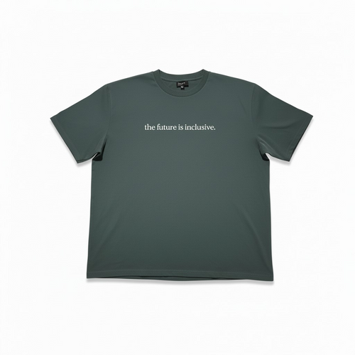 Green crewneck t-shirt with 'the future is inclusive' text on a white background